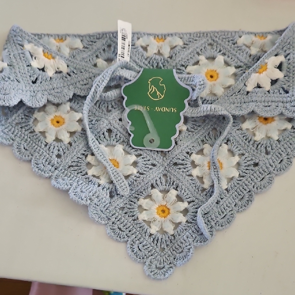Sunday Swims Light Blue Crochet Daisy Triangle Wrap